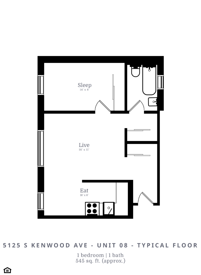 Floor plan for 1 bed, 1 bath, 560 sqft